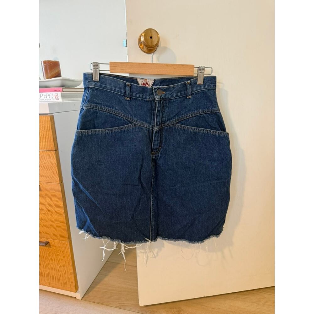 Vintage Denim Mini Skirt High Waisted Raw Hem Size 13 Y2K Blue Jean ✨